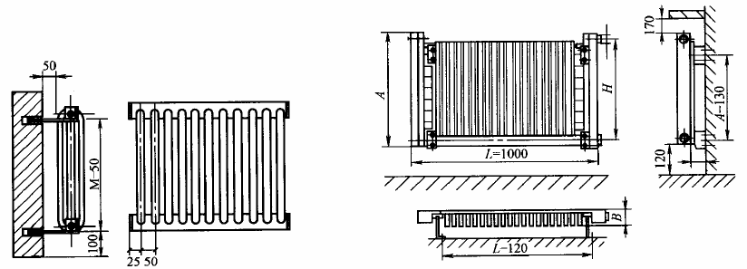 钢制散热器 1-钢制柱型散热器，2-钢制扁管散热器